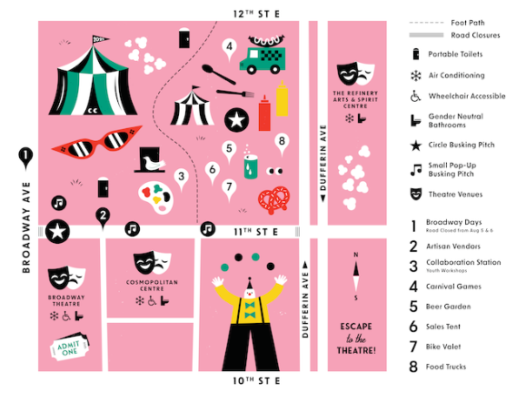 A map of the 2023 Saskatoon Fringe Festival activities and vendors.