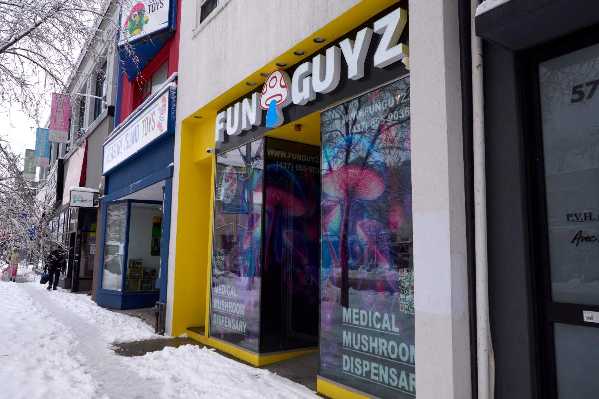 A magic mushroom dispensary is pictured on the Danforth in Toronto on March 4, 2023.