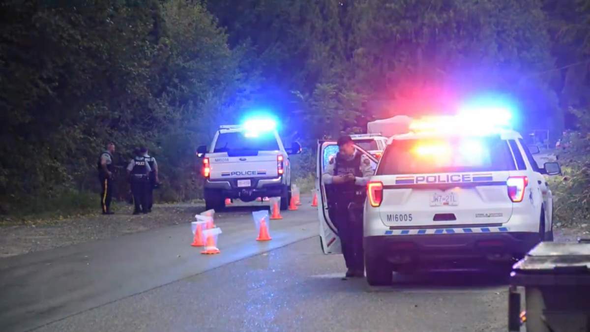 Mission RCMP attend the scene of a shooting near Laminman Avenue and Cedar Street in Mission, B.C. on Mon. Aug. 28, 2023.