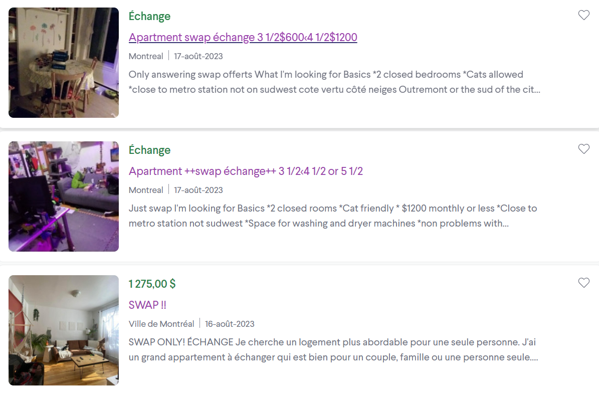 A list of apartment listings available for swapping in Montreal.