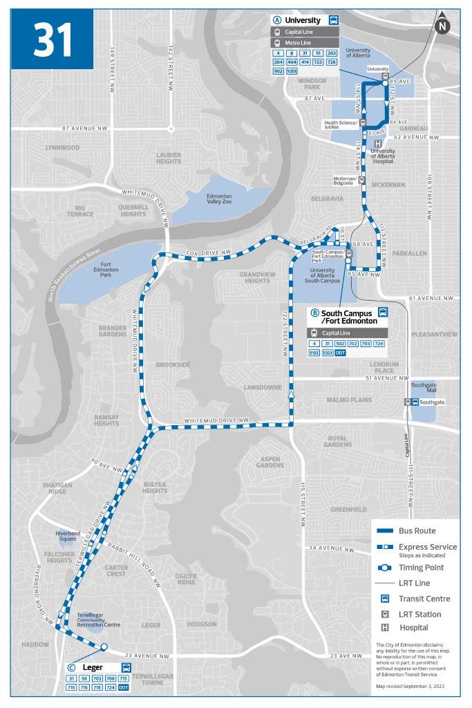 Route 31 will run from Leger Transit Centre to the University of Alberta.