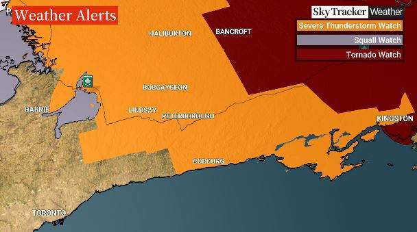 Environment Canada has issued a tornado watch for the region of Bancroft, Ont. on Aug. 3, 2023.