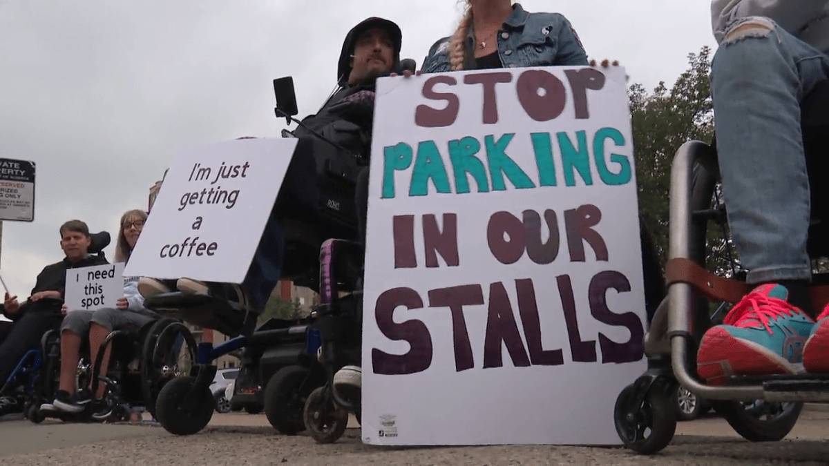 The Wheelie Peeps, disability advocates who were featured in the docuseries PUSH, hosted a peaceful protest in Edmonton on Tuesday, Aug. 22, 2023 to bring awareness and call for municipal authorities to do more when it comes to enforcing who is allowed to park in accessible parking spots.
