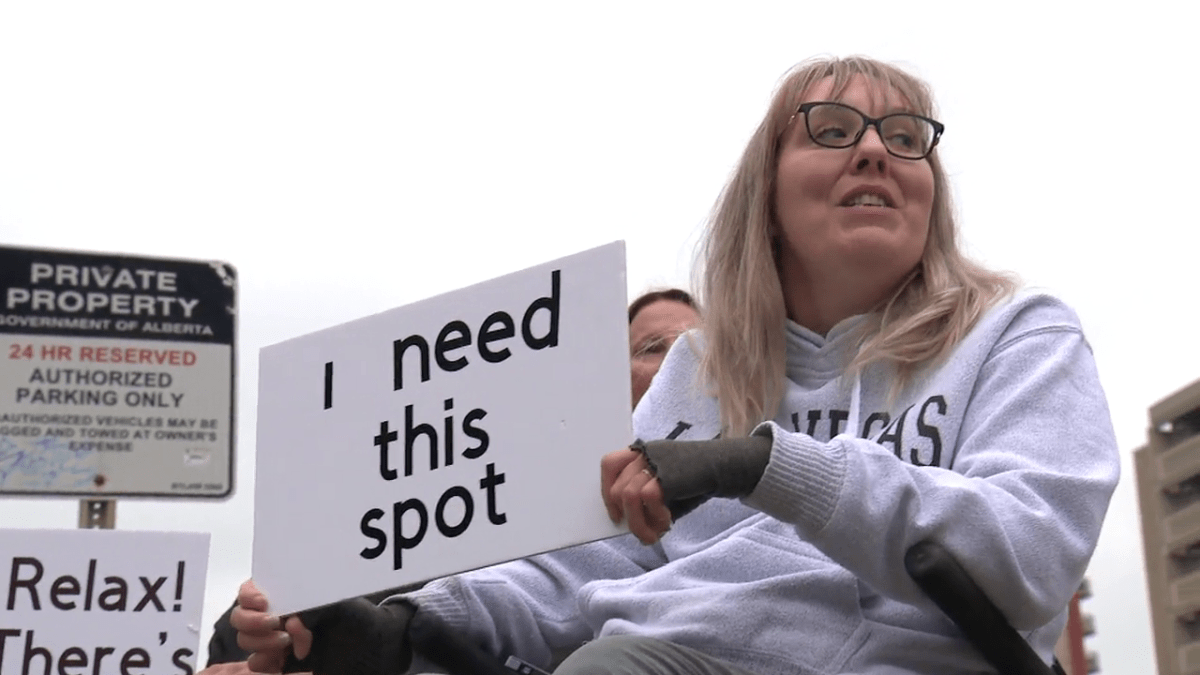 The Wheelie Peeps, disability advocates who were featured in the docuseries PUSH, hosted a peaceful protest in Edmonton on Tuesday, Aug. 22, 2023 to bring awareness and call for municipal authorities to do more when it comes to enforcing who is allowed to park in accessible parking spots.