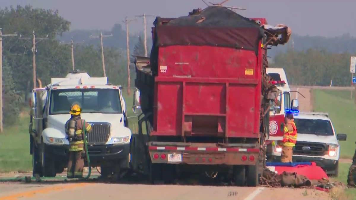 Drivers were being asked to avoid Highway 21 near Range Road 220 north of Hay Lakes, Alta., on Monday afternoon after a fiery crash involving two semi trucks.