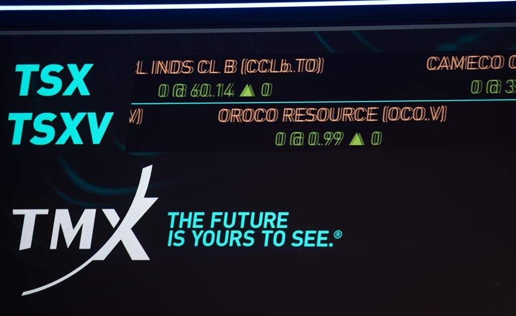 The S&P TSX composite index screen at the TMX Market Centre in downtown Toronto is photographed on Friday, Nov. 11, 2022. THE CANADIAN PRESS/Tijana Martin.