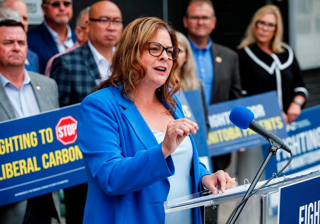 Manitoba PC leader and Premier Heather Stefanson announces the start of the provincial election process with supporters and candidates in Winnipeg, Manitoba, Tuesday, September 5, 2023.