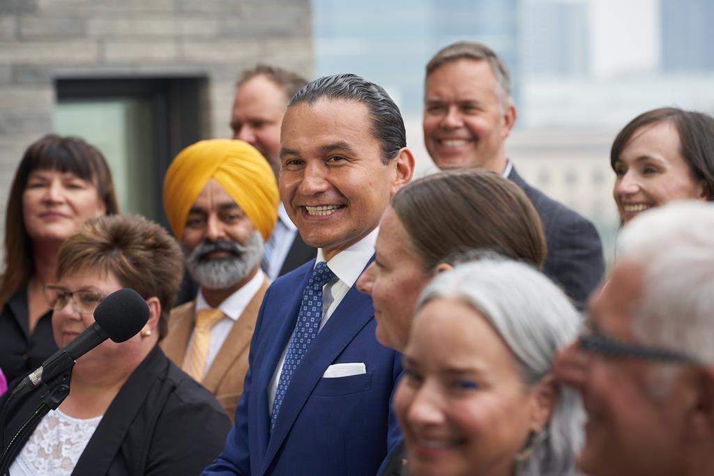 Manitoba NDP Leader Wab Kinew speaks to media during a press conference to kick off the 2023 Manitoba election campaign at the West Broadway Commons in Winnipeg on Tuesday, Sept. 5, 2023. THE CANADIAN PRESS/David Lipnowski.