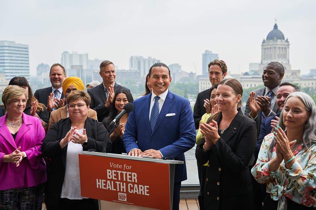 Manitoba NDP Leader Wab Kinew speaks to media during a press conference to kick off the 2023 Manitoba election campaign in Winnipeg on Tuesday, Sept. 5, 2023.