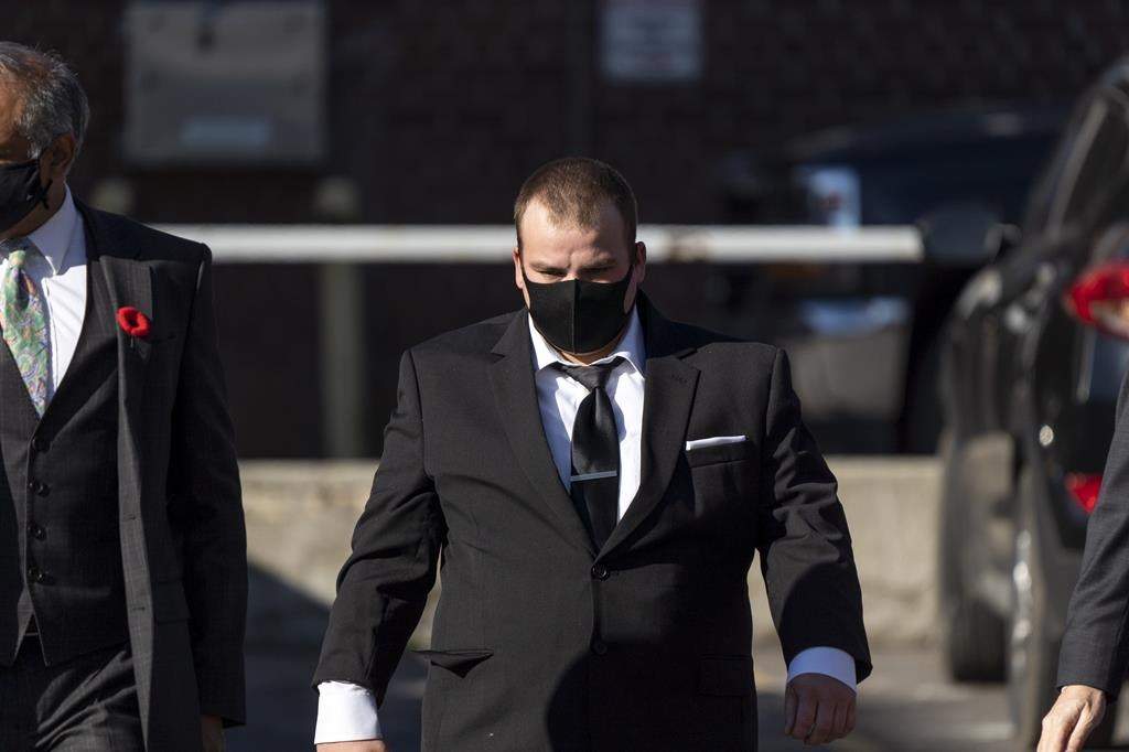The man convicted of manslaughter in the death of an Indigenous woman after throwing a trailer hitch at her from a moving vehicle in Thunder Bay has been released on day parole, two years after his sentencing. Brayden Bushby, who was 18 at the time, was sentenced to 7 years and 11 months in prison for throwing a trailer hitch and killing Barbara Kentner, 34, from a moving vehicle after day drinking with friends in 2017. Bushby, centre, along with his defence team, enter the old courthouse during his manslaughter trial in Thunder Bay, Ont., Tuesday, Nov. 3, 2020. 