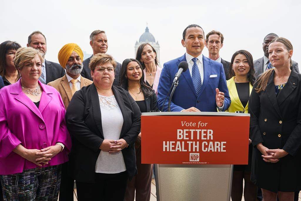 Manitoba NDP Leader Wab Kinew speaks to media during a press conference to kick off the 2023 Manitoba election campaign at the West Broadway Commons in Winnipeg on September 5, 2023. Hospitals are becoming a familiar backdrop for the New Democrats in the Manitoba election campaign.