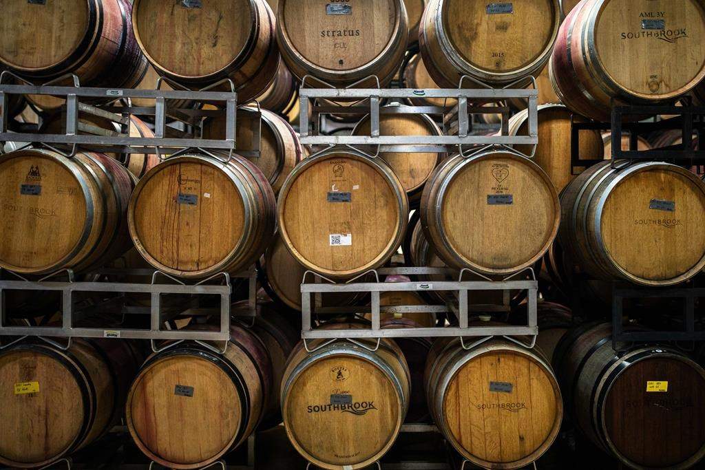Barrels of wine are shown in the cellar at Southbrook Organic Vineyards in Niagara-on-the-Lake, Ont., Thursday, Sept. 1, 2022.
