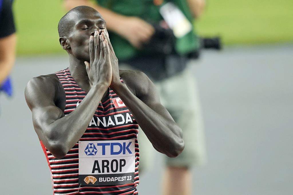 Canada’s Marco Arop set a national record and personal best in a second-place finish in the men’s 800 metres at the Diamond League final during the World Athletics Championships in Budapest, Hungary, Saturday, Aug. 26, 2023.