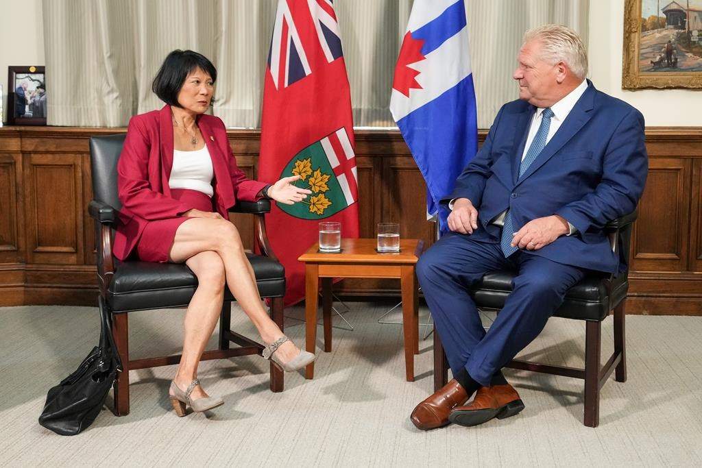 Toronto Mayor Olivia Chow meets with Ontario Premier Doug Ford at the Queen’s Park Legislature in Toronto on Monday, Sept. 18, 2023.