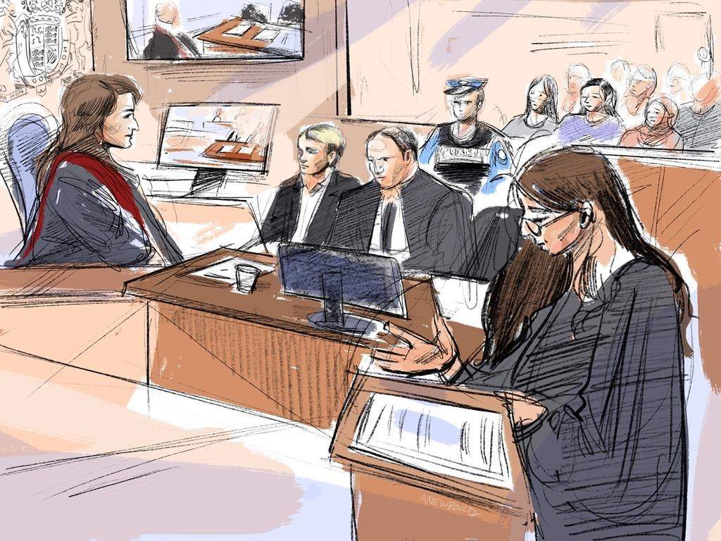 Justice Renee Pomerance (left to right), Nathaniel 
Veltman, defence counsel Peter Ketcheson and federal 
prosecutor Sarah Shaikh attend court at Veltman's trial in Windsor, Ont., Monday, Sept.11, 2023. THE CANADIAN PRESS/Alexandra Newbould.