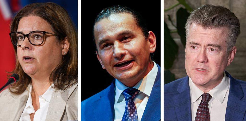 From left to right, Progressive Conservative Party of Manitoba Leader Heather Stefanson; Manitoba NDP Leader Wab Kinew; and Manitoba Liberal Party Leader Dougald Lamont.