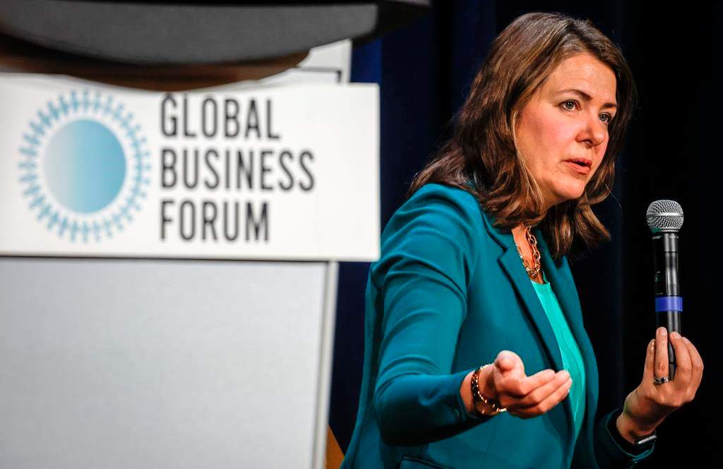 Alberta Premier Danielle Smith speaks to business leaders at the Global Business Forum in Banff, Alta., Friday, Sept. 22, 2023. Smith told the conference that despite her concerns with the federal Liberal government there was some cabinet ministers she can work with.