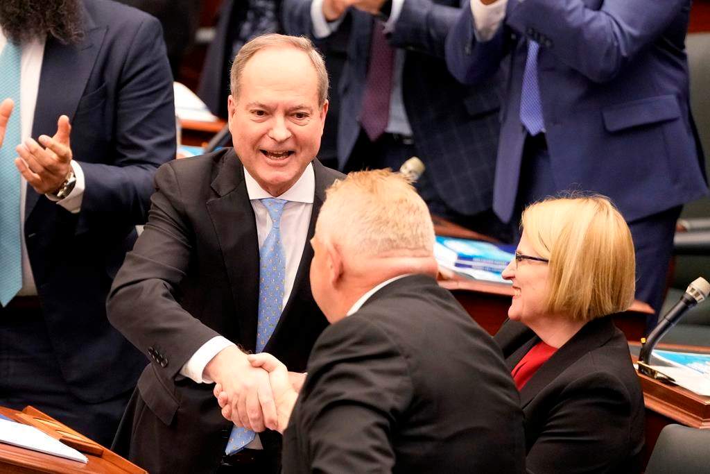 Ontario ended the last fiscal year with a smaller deficit than projected in the 2022 budget, largely on the strength of higher tax revenues due to economic growth and inflation. Finance Minister Peter Bethlenfalvy, shown in this March 23, 2023 file photo, and Treasury Board President Caroline Mulroney released the province's public accounts for 2022-23, which looks at the final numbers for the last fiscal year.  THE CANADIAN PRESS/Frank Gunn.