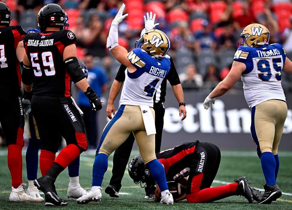 Winnipeg Blue Bombers linebacker Adam Bighill (4) reacts after sacking Ottawa Redblacks quarterback Dustin Crum (18) during first half CFL football action in Ottawa on Saturday, July 15, 2023.