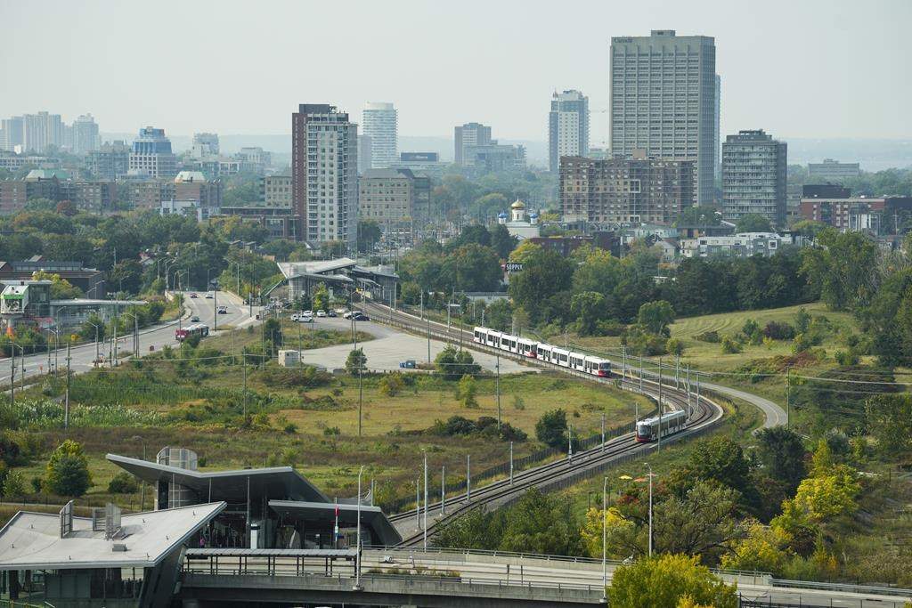 OC Transpo Light Rail Transit trains are shown n Ottawa on Monday, Sept. 25, 2023. Ottawa's light-rail transit will not open its north-south expansion line until at least April 2024. 