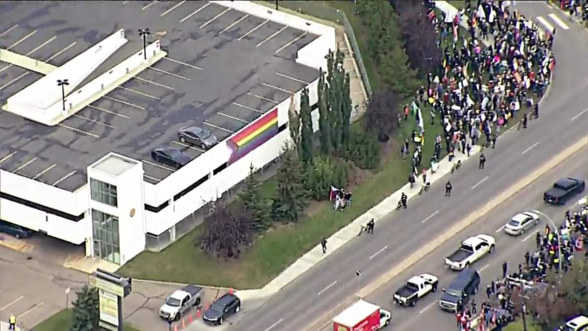 A large, 10-foot by 20-foot Pride flag was torn down from the Alberta Teachers' Association parkade at 142 Street and 111 Avenue on Wednesday, Sept. 20, 2023.