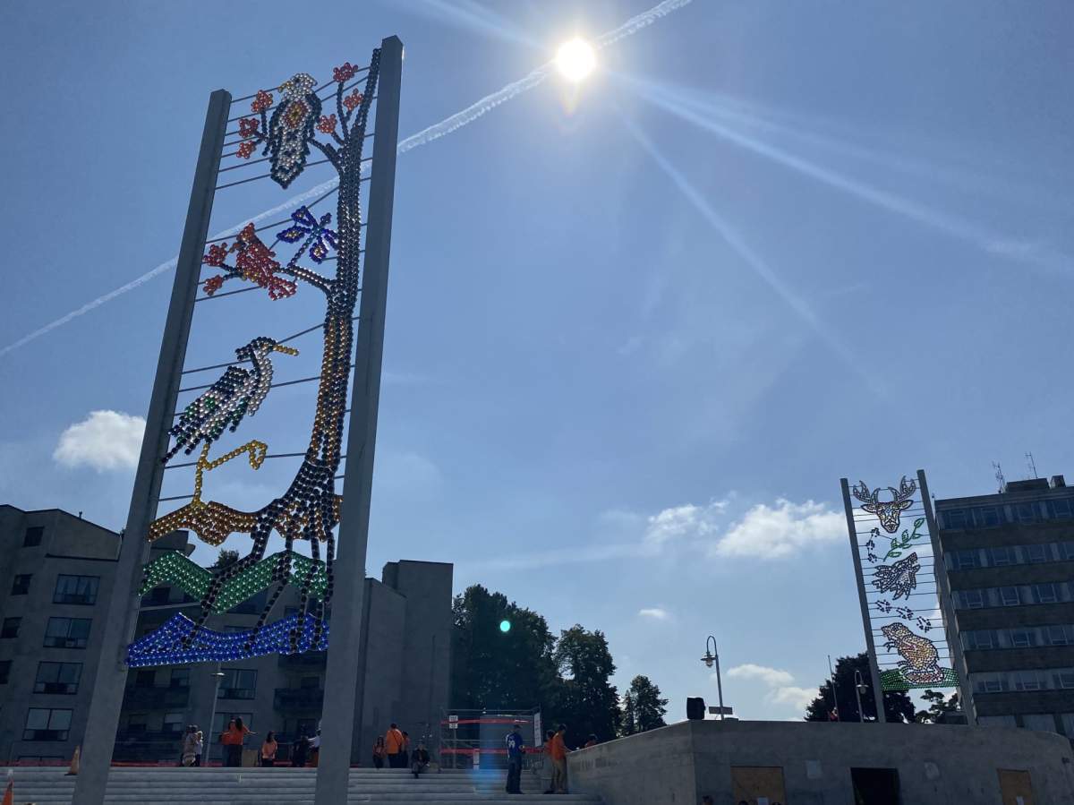Two 40-foot tall panels with glass beads as part of an art installation on Hamilton's waterfront that has been designed by a local Indigenous artist.