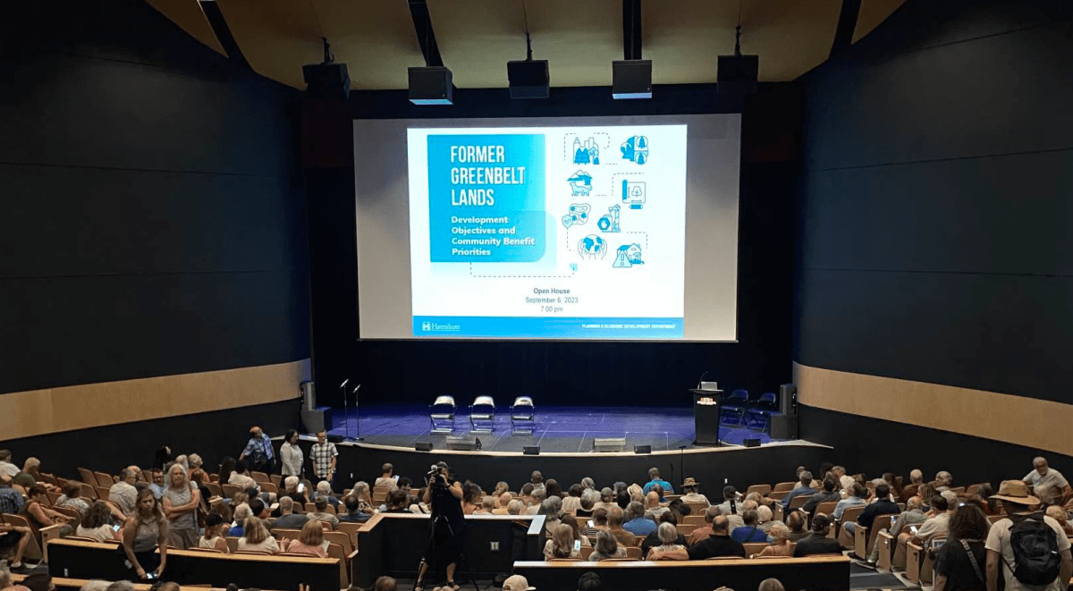 Close to 500 attended a public consultation at the Ancaster Memorial Arts Centre on Sept. 6, 2023 to weigh in on a provincial development plan that will see close to 800 hectares of Hamilton removed from the Greenbelt.