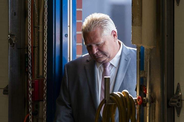 Ontario Premier Doug Ford arrives to a press conference at Lakeshore Collegiate Institute in Toronto, Thursday, Aug. 31, 2023.
