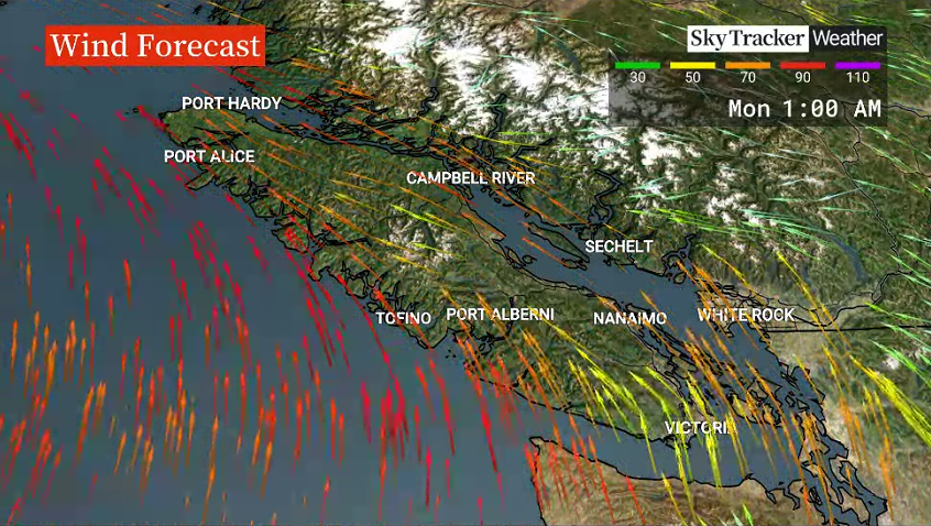 A Global BC graphic shows the wind forecast for the weekend.