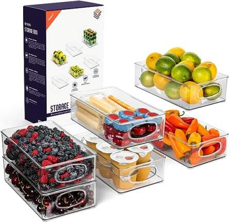 six clear plastic pantry organizer bins