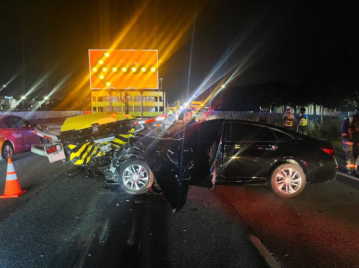 Impaired driver collides with a crash truck protecting a previous collision scene on the QEW at Winston Churchill.