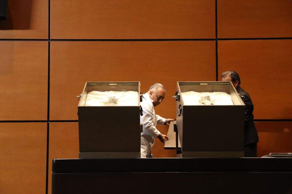 A group of international experts hold a hearing in Mexico’s lower house to discuss extraterrestrial sightings, with Mexican journalist Jaime Maussan presenting alleged bodies of ‘non-human’ beings, in Mexico City, Mexico on September 13, 2023.