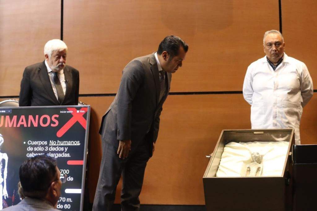 A group of international experts hold a hearing in Mexico's lower house to discuss extraterrestrial sightings, with Mexican journalist Jaime Maussan presenting alleged bodies of 'non-human' beings, in Mexico City, Mexico on September 13, 2023.
