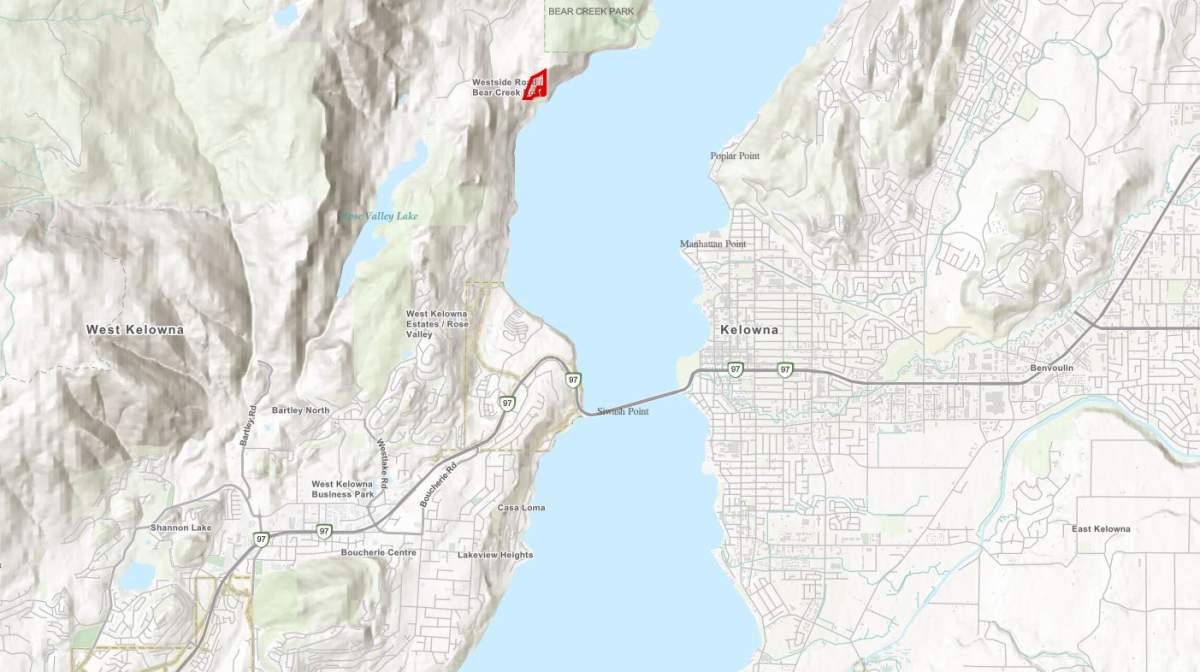 A map showing the lone evacuation order for the McDougall Creek wildfire in the West Kelowna area.