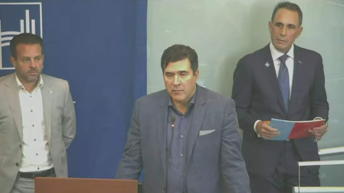 HUPEG’s PJ Mercanti and Lou Frapporti along with OVG Canada President Tom Pistore address councillors at city hall in Hamilton, Ont. on Sept. 20, 2023.