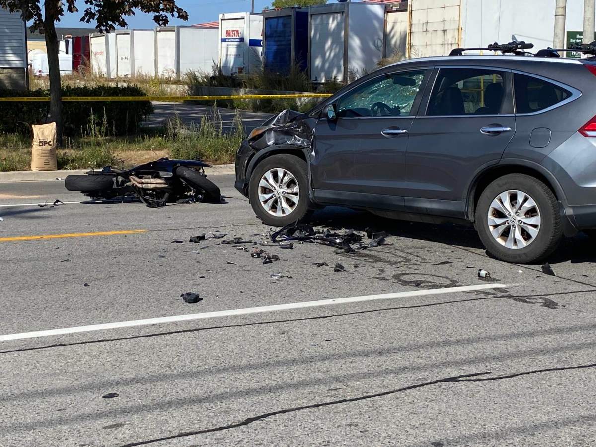 Police responded to the area of Evans Avenue North and North Carson Street shortly after 1 p.m. Saturday for reports of a crash between a motorcycle and another vehicle.