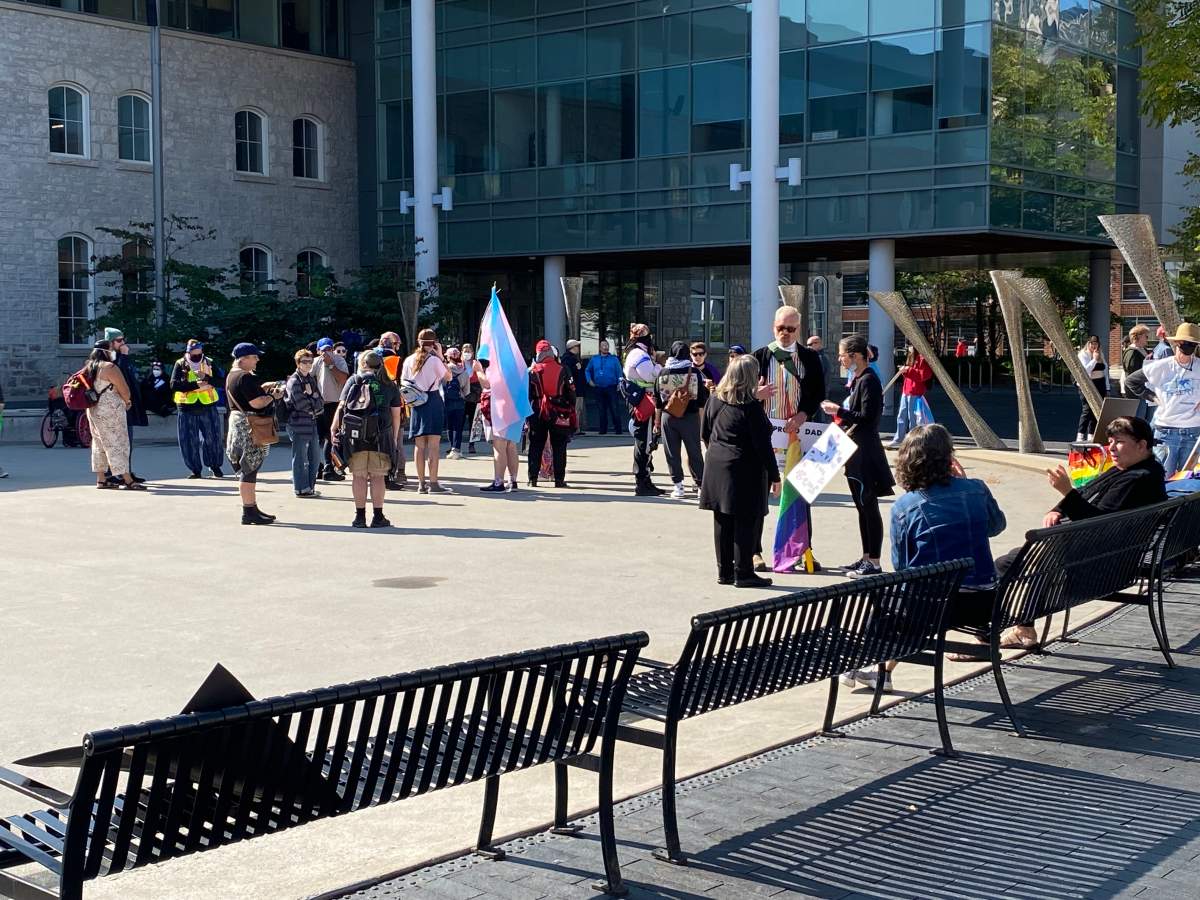 People gathered outside of Guelph City Hall on Sept. 20, 2023.