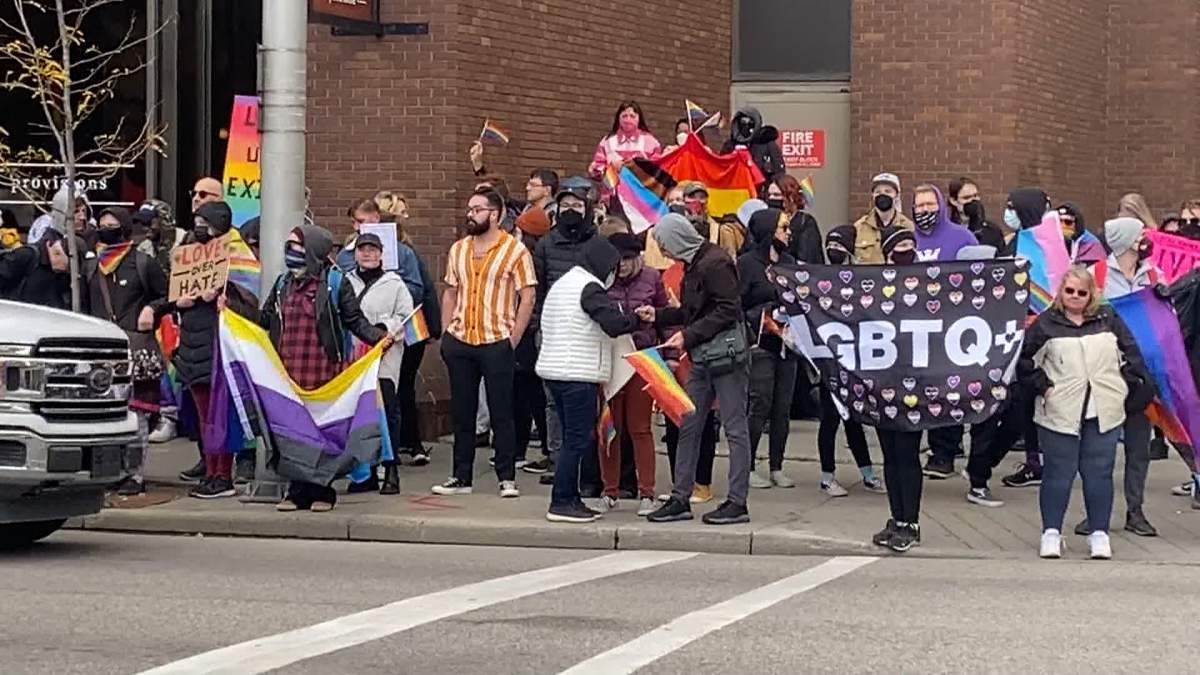 Members of the LGBTQ2+ community, and allies, stood in opposition to the Million March 4 Children rally in Calgary.