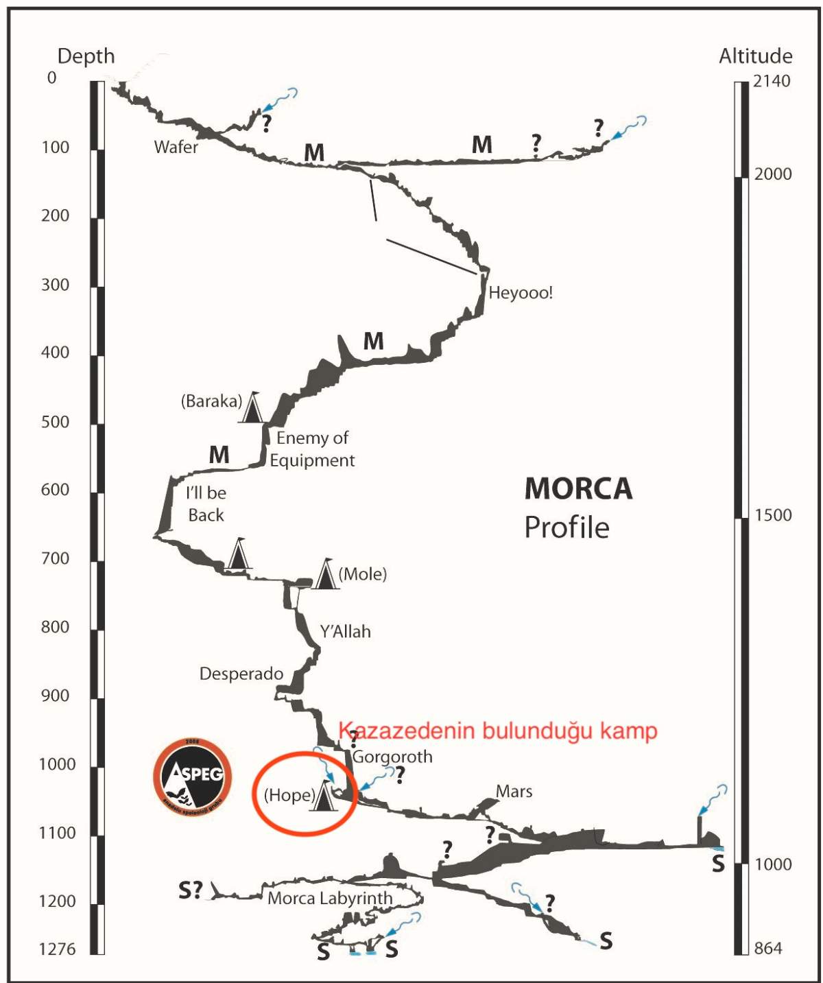 A map released by the Turkish Caving Federation showing Mark Dickey's location in the Morca cave.