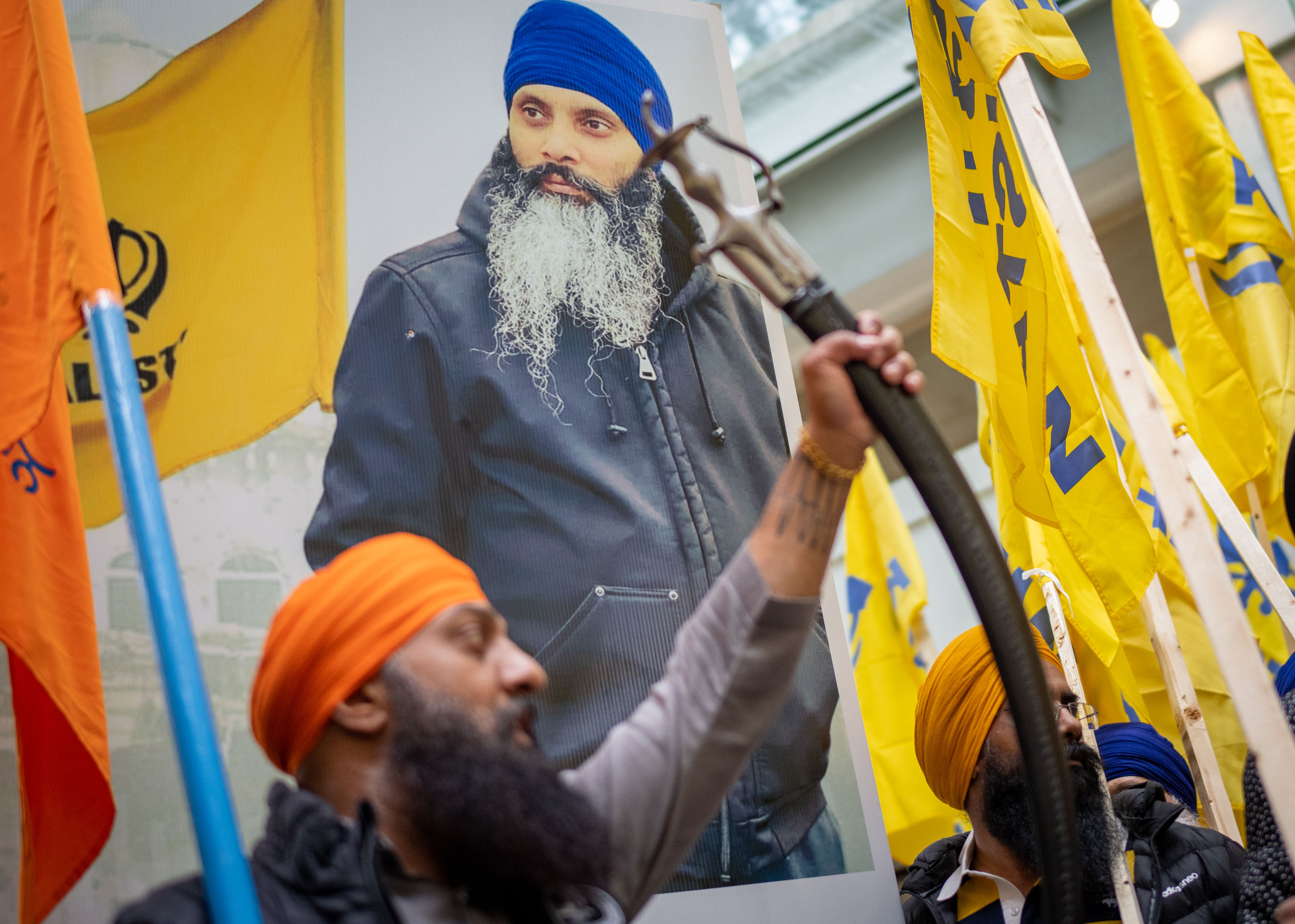 Protesters chant outside of the Consulate General of India office in Vancouver on Sat. June 24, 2023 after the shooting of Hardeep Singh Nijjar ,a gurdwara president, on June 18.