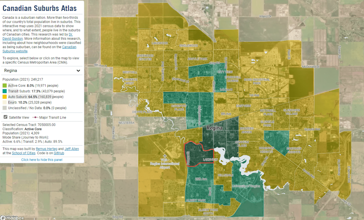 A map of Regina showing urban areas in dark green, suburbs in yellow and suburbs with active transit use in light green.