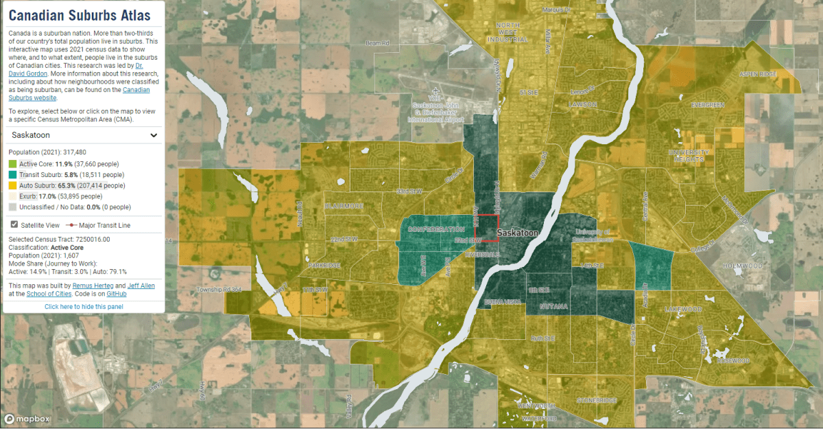 A map of Saskatoon showing urban areas in dark green, suburbs in yellow and suburbs with active transit use in light green.