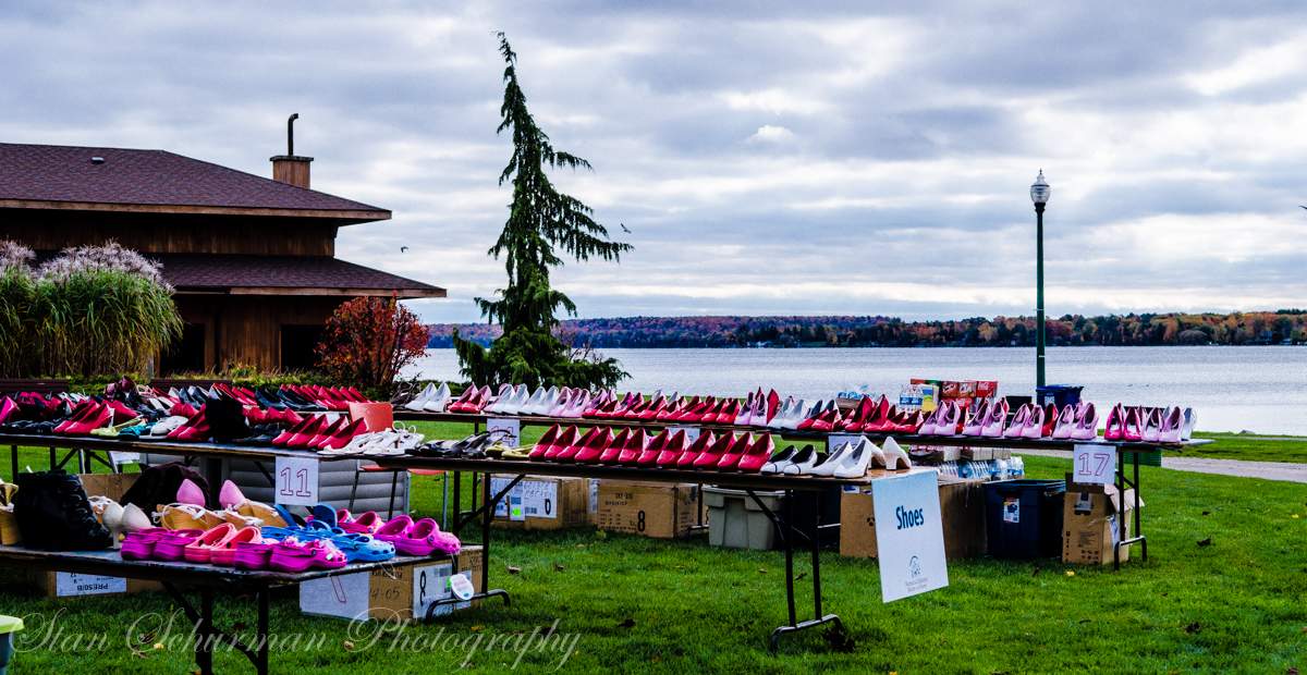 Walk a Mile in Her Shoes set up by the Barrie waterfront.
