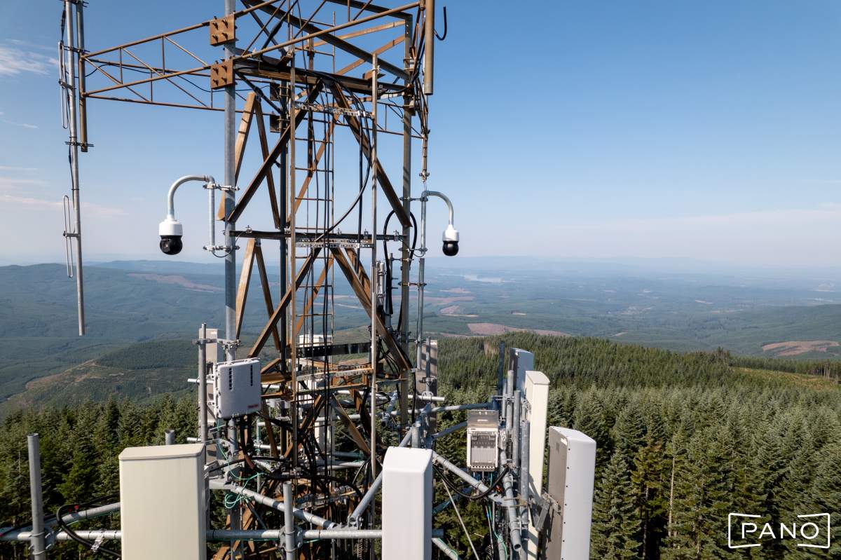 Two Pano AI wildfire-detecting cameras are mounted to a 5G tower on Signal Peak, Wash.
