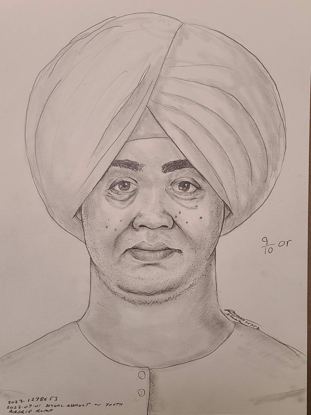 A composite sketch of an alleged sexual assault suspect released by Airdrie RCMP. The suspect is described as approximately 40 years old, around five feet nine inches tall with a medium build and someone with dark hair and a moustache.