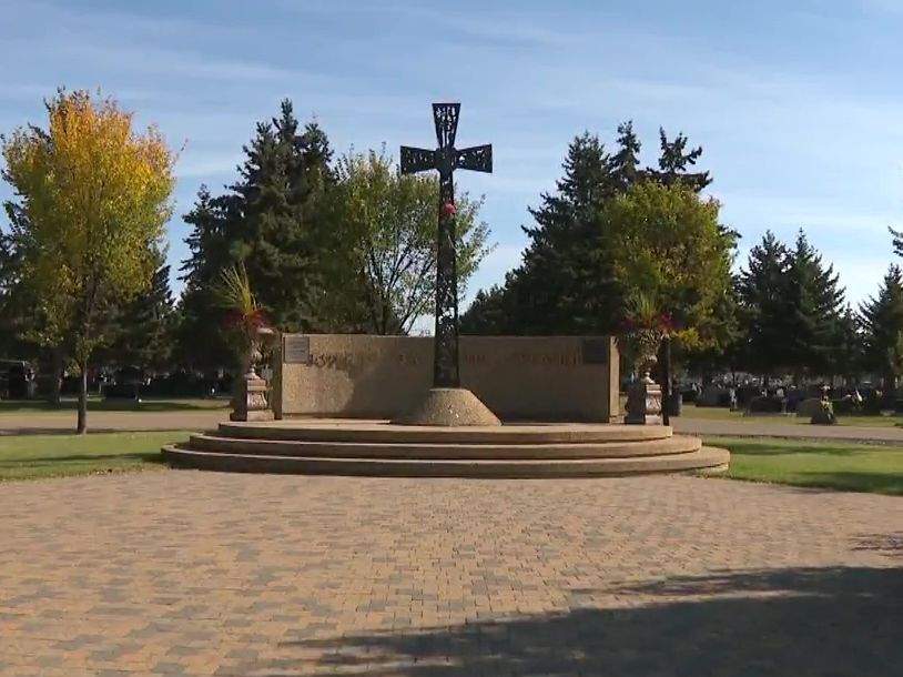 A monument partially honouring the 14th Waffen Grenadier Division at St. Michael's Cemetery in north Edmonton, Alta.