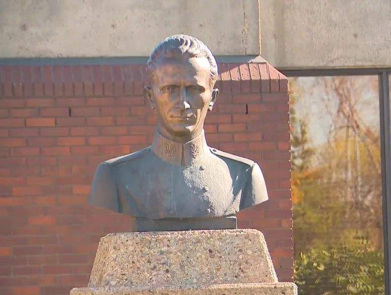 A bust Ukrainian nationalist Roman Shukhevych on display at the Ukrainian Youth Unity Complex near 153 Avenue and 97 Street in Edmonton, Alta.