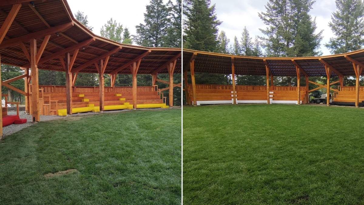 A powwow arbour is pictured with the colours of the four directions