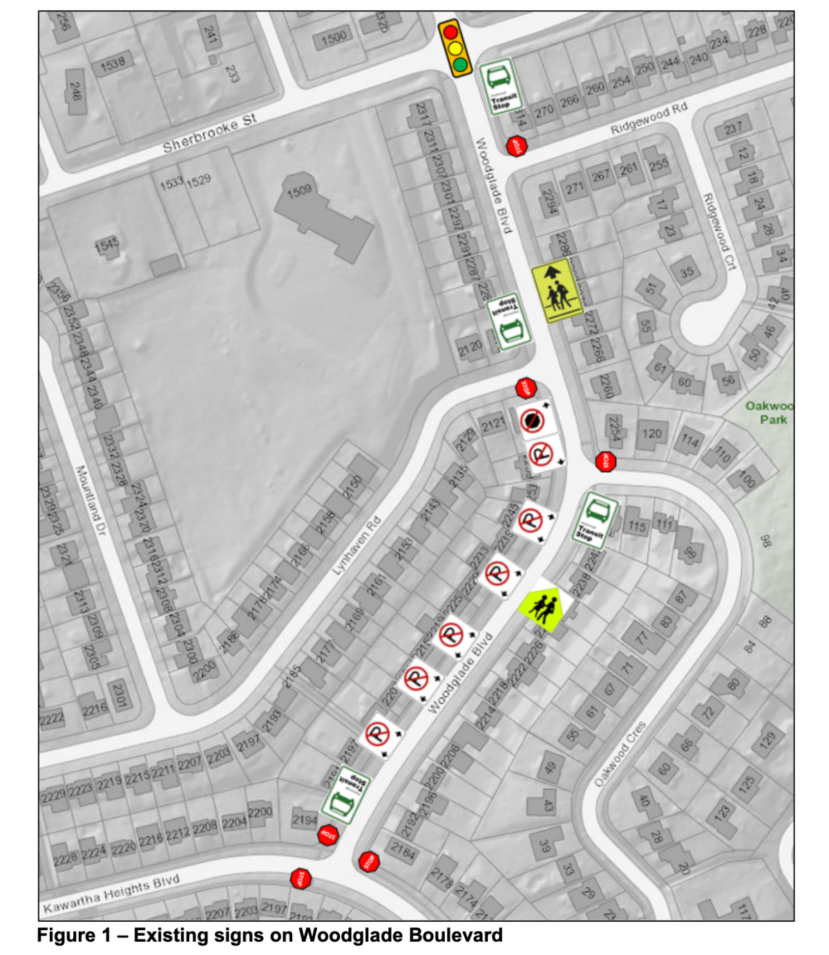 Existing signs on Woodglade Boulevard in Peterborough, Ont.