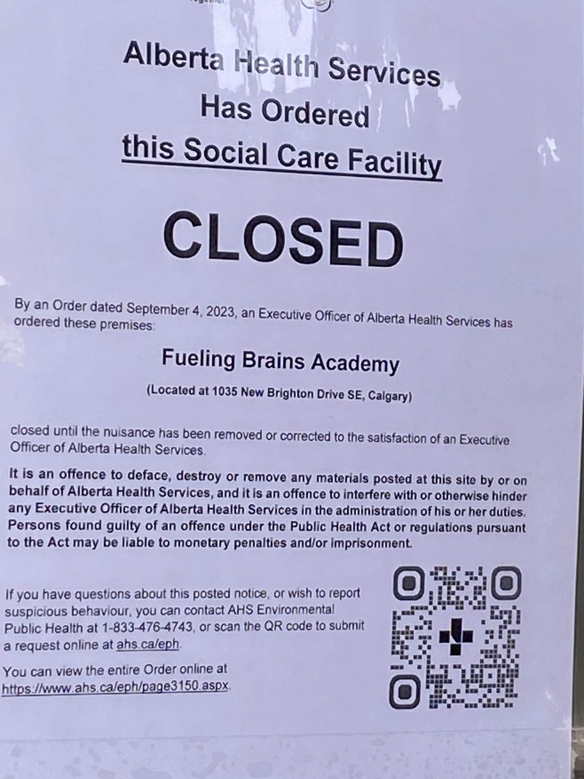 AHS notice posted on the door of one Fueling Brains location